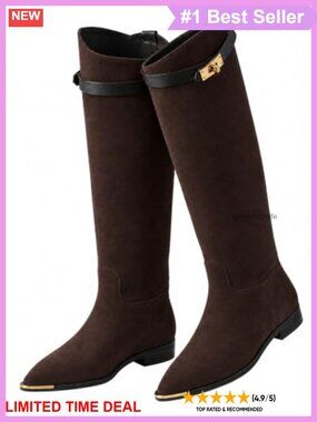 Women's Knee High Boots Faux Suede Pointed Toe Low Heel Pull On